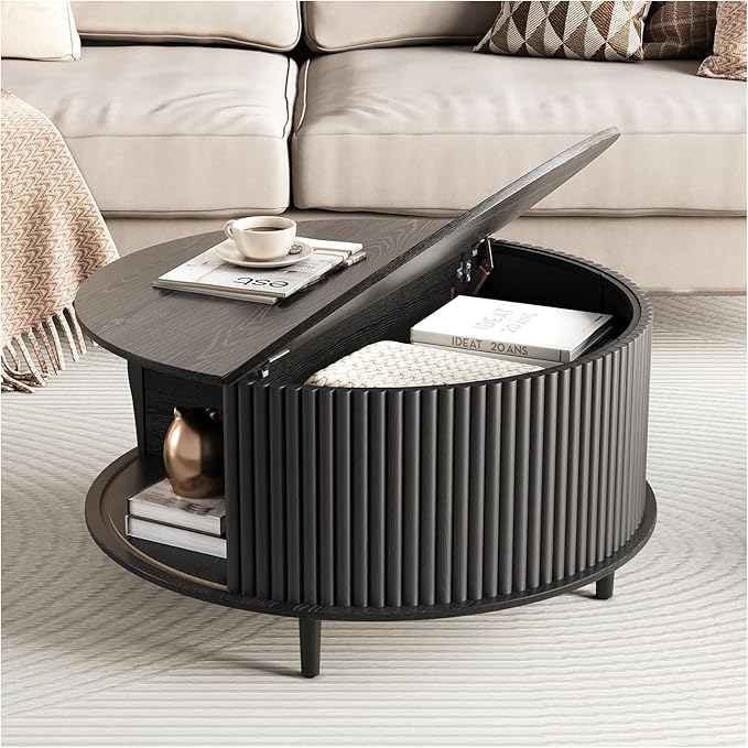 JOINICE,Black Round Coffee Table with Storage, 31.5" Fluted Center Table with Sliding Door, Modern Circle Drum Accent Table for Living Room, Sleek Wood Furniture for Small Spaces & Apartments