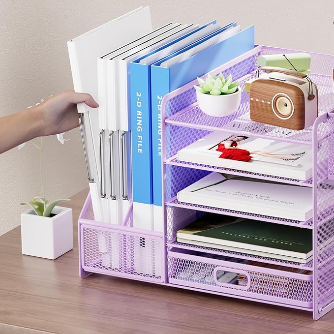 Marbrasse Desk Organizer with File Holder, 5-Tier Paper Letter Tray Organizer with Drawer and 2 Pen Holder, Mesh Desktop Organizer and Storage with Magazine Holder for Office Supplies(Purple)