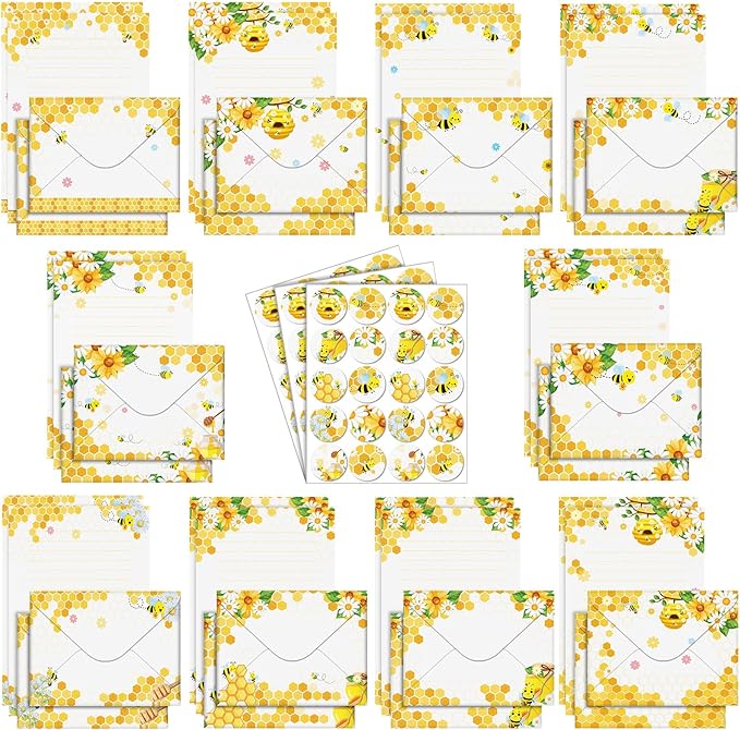 TaoBary 160 Pcs Stationery Paper Set 50 Double Sided Stationery Papers with 50 Matching Envelopes and 60 Round Dot Sticker, 10 Design(Bee,8.25 x5.5 Inch)