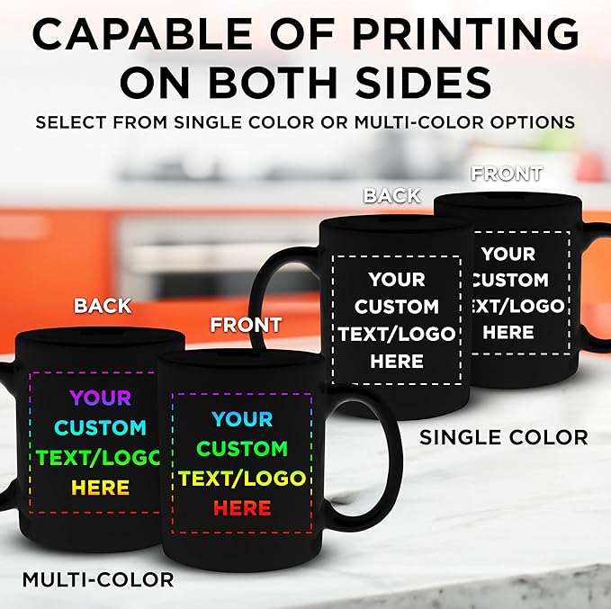 Custom Ceramic Coffee Mugs 11 oz. Set of 50, Personalized Bulk Pack - Coffee cup set, Iced coffee cup, Gaming mug - Black