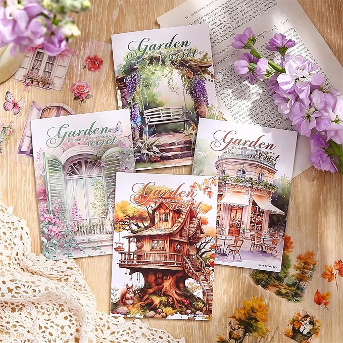 Knaid Scenery Sticker Set (490+ Pieces, 80 Sheets) 4 Pack Sticker Books Blooming Windows, Garden Houses, Enchanted Forest, Garden Fences Journaling Stickers for Scrapbook Bullet Junk Journals Planner