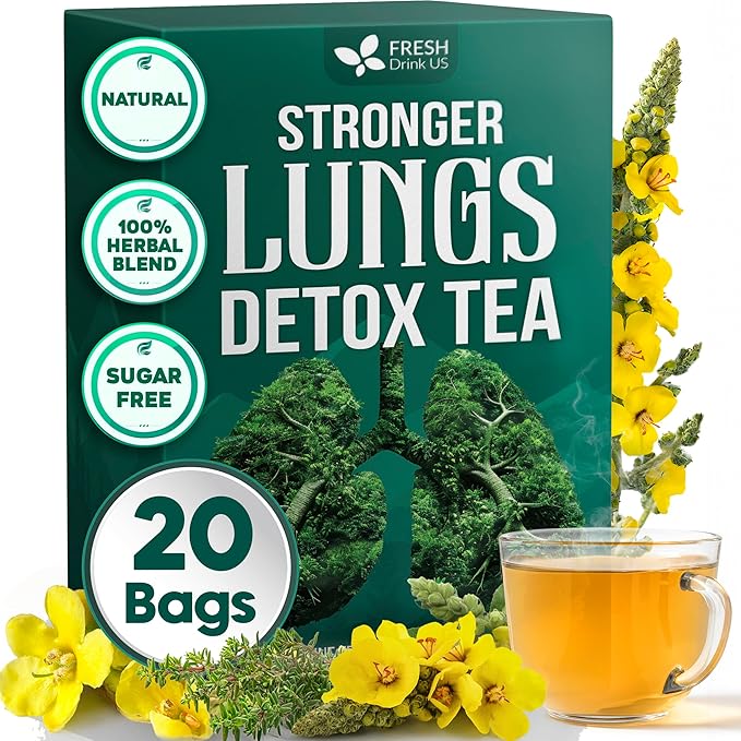 FreshDrinkUS StrongerLungs 20 Tea Bags - Mullein Leaf, Ginseng, Elderberry, Ginger & Thyme - Supports Lung Cleanse, Congestion Relief & Mucus Detox - Caffeine-Free & All-Natural