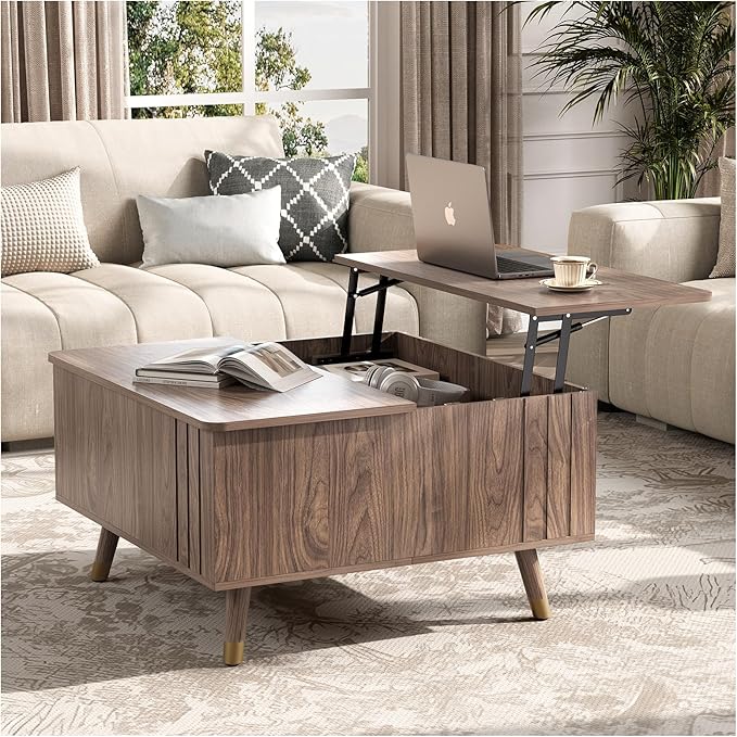 JOINICE 32" Square Lift Top Coffee Table with Storage,Mid Century Modern Walnut Center Table with Rising Desktop for Living Room, Brown Wood Finish