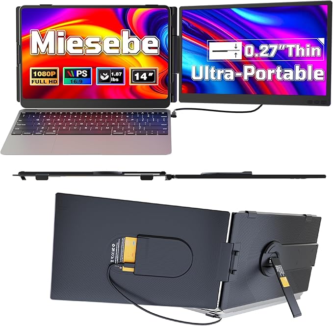 Miesebe Laptop Screen Extender 14", Ultra Thin 0.27'' FHD 1080P Portable Monitor for Laptop 13-17.3", Plug n Play Extra Monitor Extender, Eye Care Second Screen for MacBook/Windows/Android/Switch/PS5