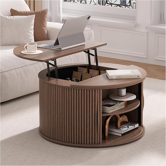 JOINICE 31.5" Round Lift Top Coffee Table, Mid Century Modern Walnut Center Table with Hidden Storage, Fluted Drum Wood Design for Small Living Room & Apartment