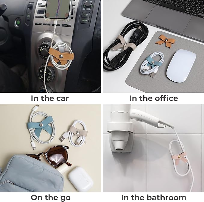SenseAGE 5 Pack Cord Organizer, Bow Cord Keeper, Cable Organizer USB holder, Leather Cable Management, Cable Straps, Earphone winder, Storage Straps for Electronics, Earbuds (Baby Blue, Small)