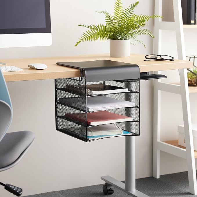 Safco Onyx Hanging Under Desk Organizer, 4 Trays, Office and Classroom Mailbox , Paper and Mail Sorter, Steel Mesh, Black