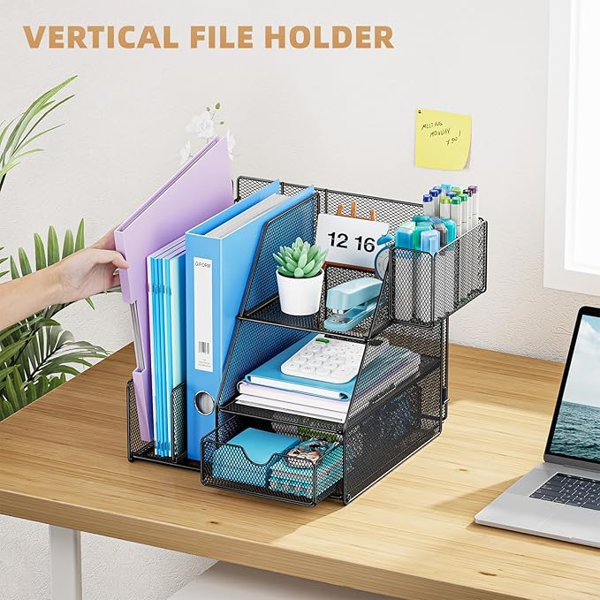 Marbrasse Desk Organizer and Accessories, 3-Tier File Organizer with Drawer and Pen Holder, Small Desktop Organizer and Storage for Workspace Office Supplies Black