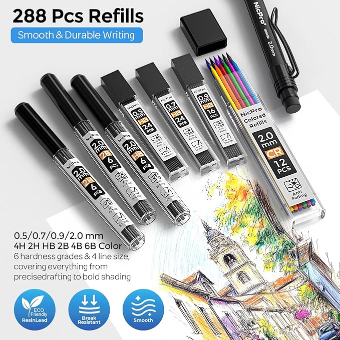 Nicpro 6PCS Weatherproof Mechanical Pencil Set, 3 PCS Art Mechanical Pencils 0.5 mm & 0.7 mm & 0.9 mm & 3 PCS 2mm Lead Holder (6B 4B 2B HB 2H 4H Colors) For Outdoor For Writing, Sketching Drawing