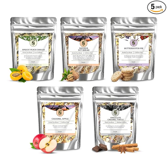 Nelson's Tea Dessert Sampler Pack Tea - Loose Leaf Tea Sampler - Apricot Peach Cobbler, Banana Nut Bread, Butterscotch Pie, Caramel Apple, Chocolate Caramel Turtle - Sample Sizes