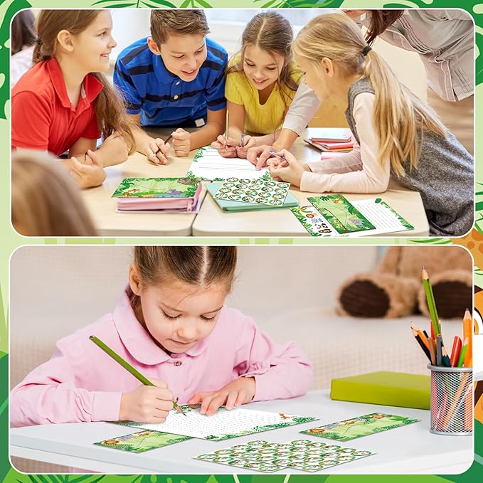 TaoBary 160 Packs Stationery Paper Set (50 Double Sided Stationery Writing Papers 50 Matching Envelopes) 60 Round Dot Sticker, 10 Design(Safari Animal,8.5 x 11 Inch)