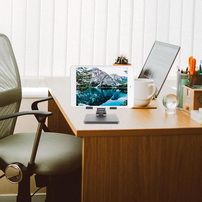WOFASHPURET Adjustable Foldable Tablet Stand for Desk Portable Aluminum Alloy Tablet Holder Compatible with Ipad and Multi-Angle Desktop Bracket in Space Gray