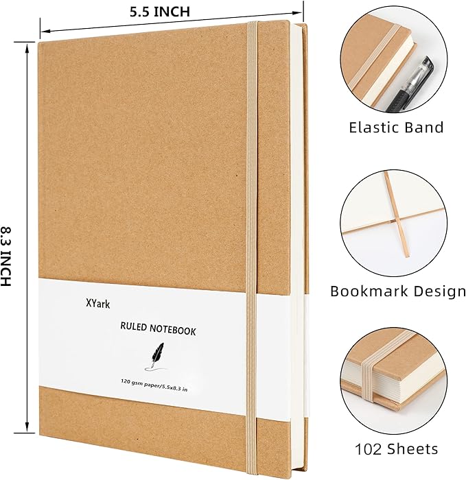 XYark A5 Line Kraft Notebook Journals Bulk, College Ruled Hardcover Writing Subject Composition Notebooks with Lined Paper, 2 Pack, 120GSM, 102 Sheets, 5.5x8.3 inch, Travel Journal Set