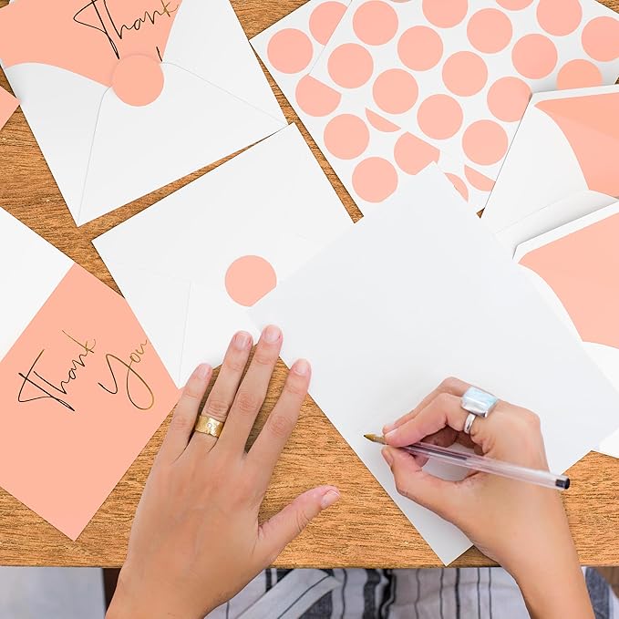 VNS Creations Gold Foil Thank You Cards With Envelopes Bulk Set & Stickers - 100 Pack 4x6 Blank Thank You Notes Box Set - Large Note Card Small Business, Wedding, Baby Shower & Bridal Shower - Peach