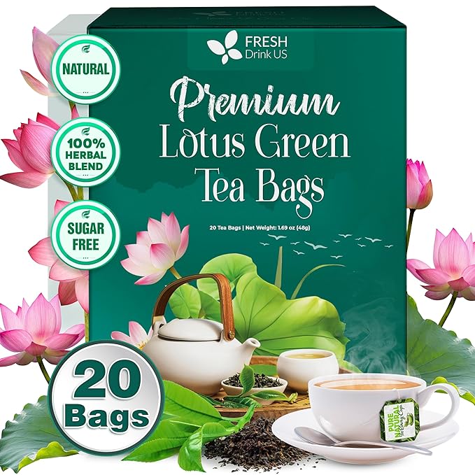 FreshDrinkUS, Premium 20 Tea Bags of Lotus Green Tea, 100% Natural. Exquisite Flavor, Handpicked Leaves, Perfect for Tea Lovers. No Sugar, No Gluten, Vegan.