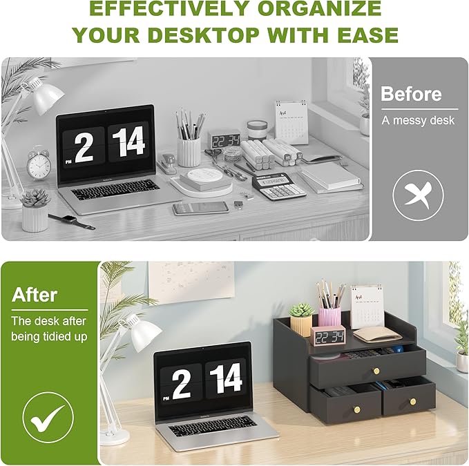 Bamboo Desk Organizer with Drawers Wooden Desktop Storage Drawers for Bills Office Supplies Kitchen Utensils Organizing Tool for Home Classroom Organization No Assembly (3 Drawers, Black)