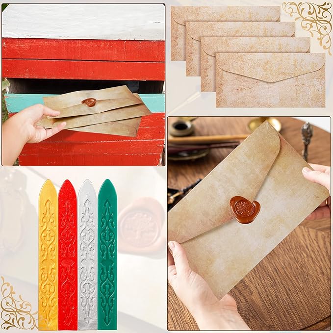 33 Pieces Vintage Paper and Envelopes Set, Including 12 Writing Stationery Paper Letter 12 Envelopes Sealing 6 Wax Sticks Seal Stamp Tea Candles and Wax Spoon for Stamp