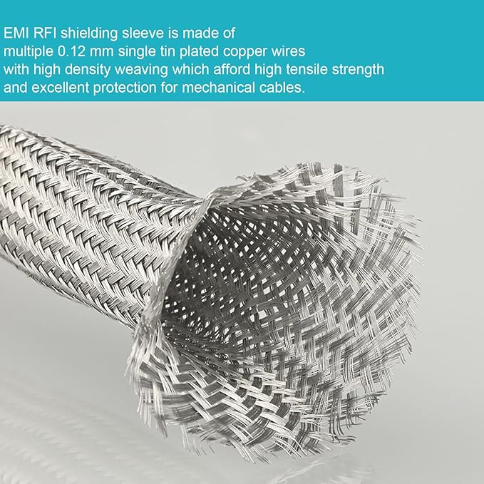 EMI RFI Shielding Wire Loom Metal Tinned Copper Grounding Braided Sheathing Cable Sleeve Mesh ESD Protection Flat Tubular Expandable (1/2" W(0.32" ID)-30FT)