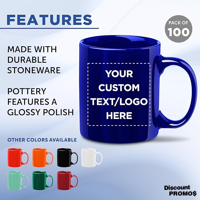 Custom Ceramic Coffee Mugs 11 oz. Set of 100, Personalized Bulk Pack - Coffee cup set, Iced coffee cup, Gaming mug - Royal Blue