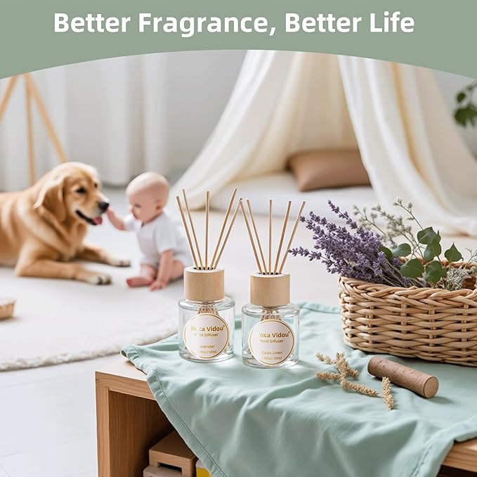 Binca Vidou Reed Diffuser Set Lavender & Linen Natural Scent Theme Oil Diffusers with Sticks for Home Office Bathroom Aromatherapy Decor 1.69oz x 2