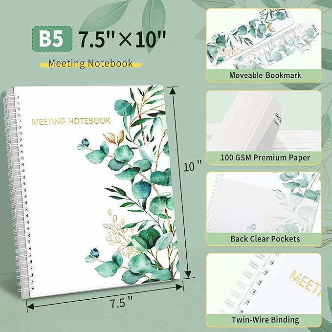 SUNEE Half Meeting Half Note - 7.5"x10" Professional Notebooks for Work - 160 Pages, B5 Size Project Planner, Spiral Meeting Agenda/Minutes Organizer for Women Men, Note Taking, Office & Business
