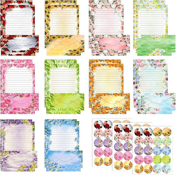 TaoBary 160 Pcs Stationery Paper Set 50 Double Sided Stationery Papers with 50 Matching Envelopes and 60 Round Dot Sticker, 10 Design(Flower,8.5 x 11 Inch)