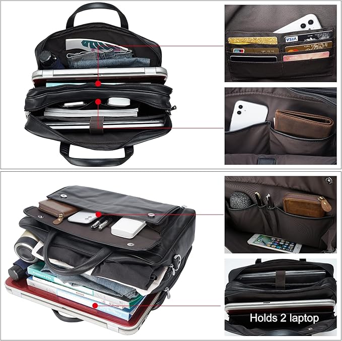 Masa Kawa Leather Briefcase for Men 15.6", 17" Laptop Computer Case Business Travel Work Messenger Cross Body Shoulder Bag