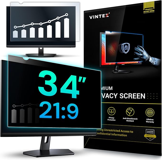 VINTEZ 34 Inch 21:9 Privacy Screen for Computer Monitor and Laptop - Anti Glare Protector Film Blue Light Filter Eye Protection - Computer Screen Privacy Shield, [1 Pack]