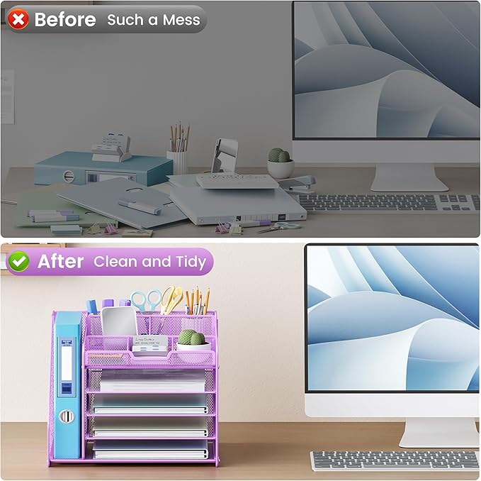 Lavatino 5-Tier Metal Mesh Desk Organizer with File Holder & 7 Customizable Compartments | Paper Letter Tray for Office or Home Desk Storage | Keep Workspace Supplies Neat & Organized, Purple