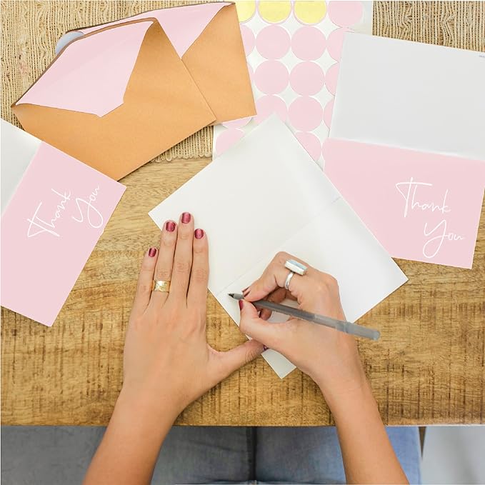 VNS Creations Thank You Cards With Envelopes Bulk Set & Stickers - 100 Pack 4x6 Blank Thank You Notes Bulk Box Set - Large Note Card Small Business, Wedding, Baby Shower & Bridal Shower - Pink