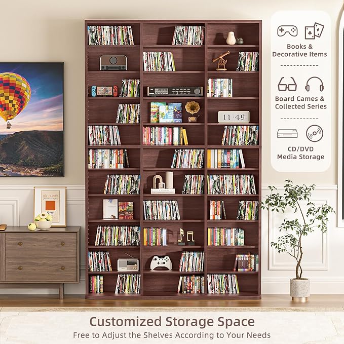 LELELINKY 11 Tier Tall Display Cabinet, Walnut Media Storage Cabinet with Adjustable Shelves, Free Standing DVD Organizer Shelf, Floor multimedia storage manga bookshelf for Living Room & Home Office.