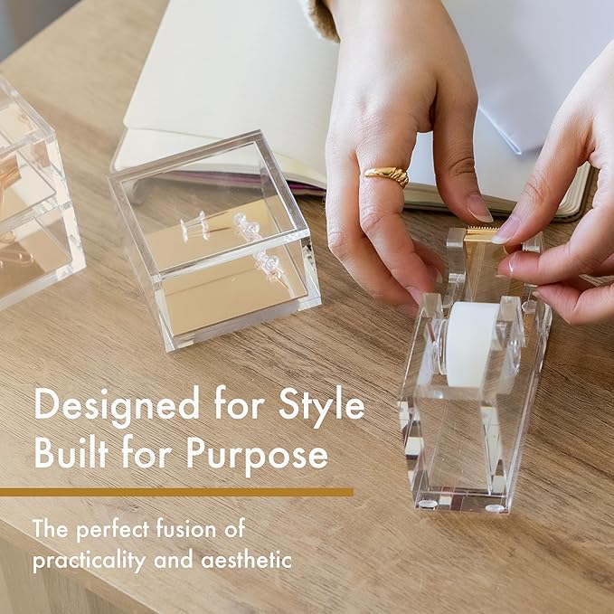 OfficeGoods Acrylic Tape Dispenser – Modern Desk Organizer for Office Supplies – Heavy Duty Refillable Tape Holder for Home and School Crafting – Stylish Desktop Accessory for Gift Wrapping, Gold