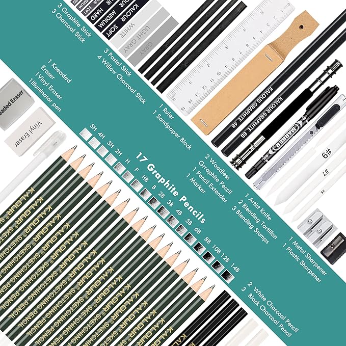 KALOUR 54-Pack Sketch Drawing Pencils Kit with Sketchbook,Include Graphite,Charcoal Pencils and Artists Tools,Pro Art Drawing Supplies for Adults Beginners,ideal for Sketching Shading