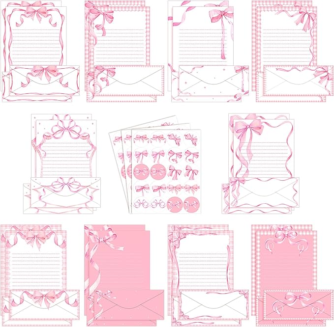 TaoBary 160 Pcs Stationery Paper Set 50 Double Sided Stationery Papers with 50 Matching Envelopes and 60 Round Dot Sticker, 10 Design(Pink Bow,8.5 x 11 Inch)