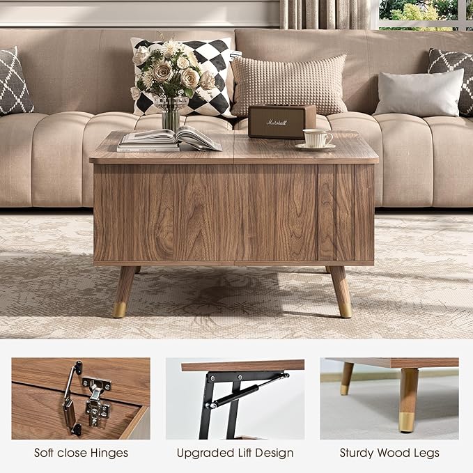 JOINICE 32" Square Lift Top Coffee Table with Storage,Mid Century Modern Walnut Center Table with Rising Desktop for Living Room, Brown Wood Finish