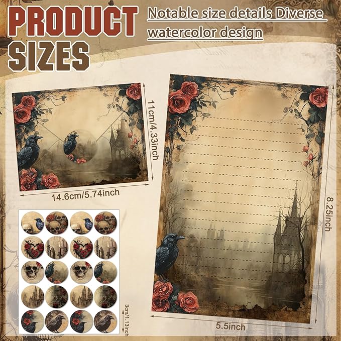 TaoBary 160 Pcs Stationery Paper Set 50 Double Sided Stationery Papers with 50 Matching Envelopes and 60 Round Dot Sticker, 10 Design(Gothic Style,8.25 x 5.5 Inch)