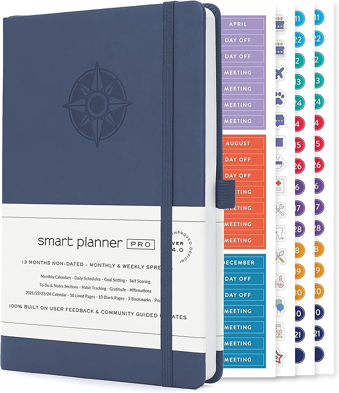 Smart Planner Pro – Undated Daily Planner – Small A5 – Achieve Goals & Increase Productivity – Weekly, Monthly, Work Sections, Organizer Diary with Back Pocket, 3 Satin Bookmarks & Pen Holder
