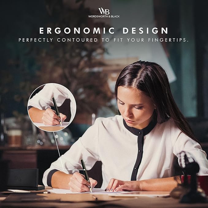 Wordsworth & Black Fountain Pen Set, 18K Gilded Bent Nib, Includes 24 Pack Ink Cartridges, Ink Refill Converter & Gift Box, Gold Finish, Calligraphy, [Black Gold], Perfect for Men & Women
