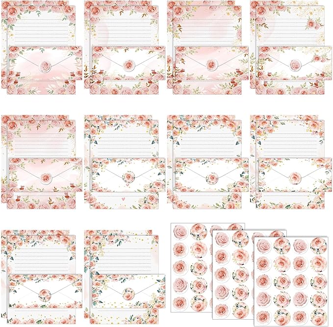 TaoBary 160 Pcs Stationery Paper Set 50 Double Sided Stationery Papers with 50 Matching Envelopes and 60 Round Dot Sticker, 10 Design(Floral,8.5 x 11 Inch)