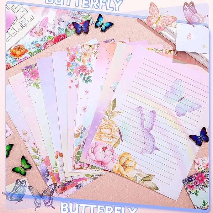 TaoBary 160 Pcs Stationery Paper Set 50 Double Sided Stationery Papers with 50 Matching Envelopes and 60 Round Dot Sticker, 10 Design(Watercolor Butterfly,8.5 x 11 Inch)