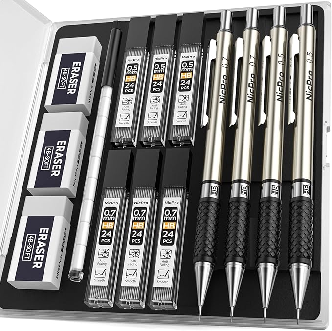 Nicpro Art Mechanical Pencil Set in Case, 4 PCS Metal Drafting Pencil 0.5 mm & 0.7 mm, Lead Pencil with 6 Tube HB Lead Refills, 3 Erasers, 9 PCS Eraser Refills for Artist Writing, Drawing, Sketching
