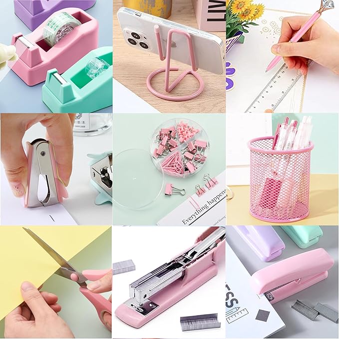 Pink Office Supplies, Pink Desk Accessories, Stapler, Staple Remover, Tape Holder, Pen Holder, Ballpoint Pen, Scissor, Binder Clips, 1000pcs Staples, Phone Holder, Ruler, Transparent Glue and Notes