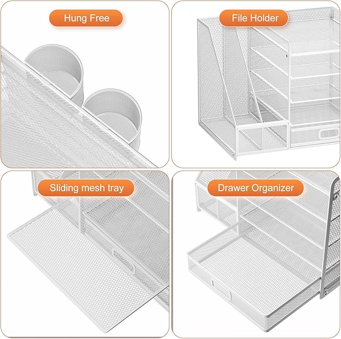 Marbrasse Desk Organiser with File Holder, 5-Tier Paper Letter Tray Organiser with Drawer and 2 Pen Holder, Mesh Desktop Organizer and Storage with Magazine Holder for Office Supplies(White)