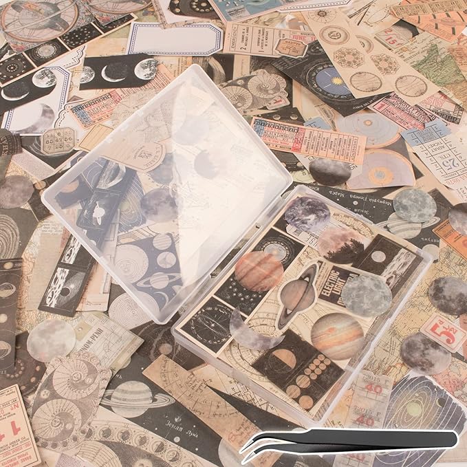 200Pcs Vintage Scrapbook Stickers, Aesthetic Junk Journal Stamping Supplies Kit, Scrapbooking Ephemera Washi Paper for Bullet Journaling Planners Diary Collage (Celestial)