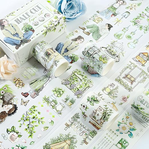 Snycler Pre-Cut Green Gardening Themed PET Washi Tapes - Vintage Aesthetic Tape Stickers for Journaling, Scrapbooking, Junk Journals, Crafts, Planners - 4 Rolls