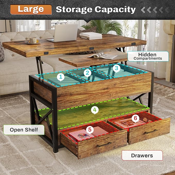Itaar 40" Lift Top Coffee Table, 4 in 1 Coffee Tables with Storage for Living Room, Small Farmhouse Coffee Table with 2 Drawers & LED Light for Dining Reception Room, Rustic Brown