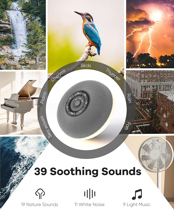 Portable Sound Machine, Long Battery with Loud Bluetooth Speaker, 39 Special Soothing Sounds, White Noise Sound Machine for Sleeping
