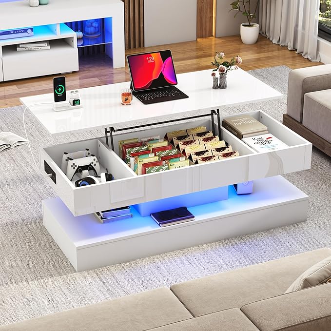 47.2" Large Lift Top Coffee Table,Modern High Glossy LED Coffee Tables for Living Room with Storage Drawer,White Living Room Tables for Livingroom,Dining Room,Bedroom Home Office(White)