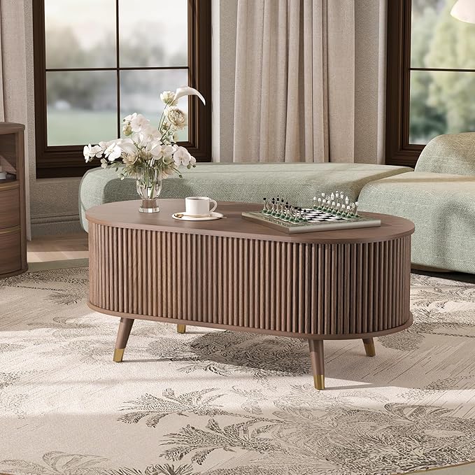 JOINICE 42.5" Oval Lift Top Coffee Table with Storage, Mid Century Modern Walnut Center Table with Fluted Design, Solid Wood Legs & Hidden Compartment, Pop Up Cocktail Table for Living Room