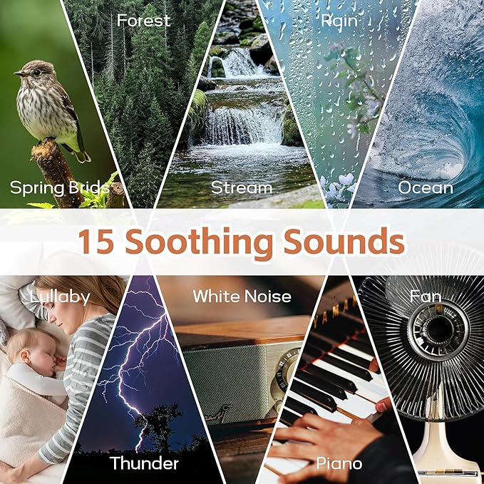 White Noise Sound Machine with 3000mAh Rechargeable Battery - Bluetooth Sleep Sound Machine with 15 Soothing Sounds, Auto-Off Timer & Headphone Jack, Portable Sound Machine for Adults, Baby & Home Use